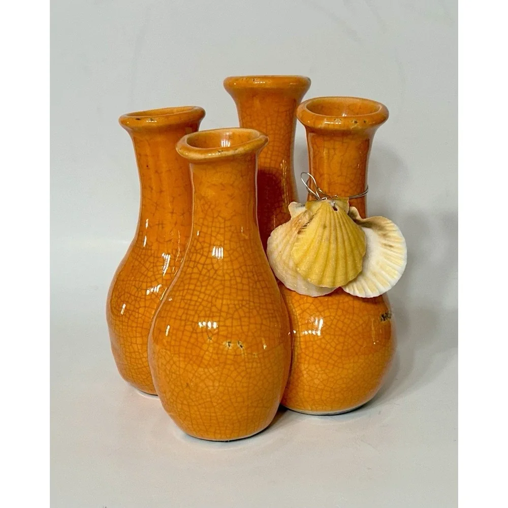 Vintage 70s Bud Vase Crackled Orange Glaze Ceramic 4 Chamber MCM Decor 7x6.5